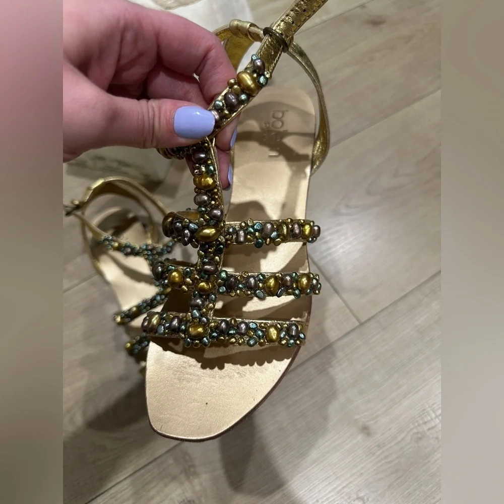 BO'EM Plage Italy Gold Hand Beaded Multi-Colored Faux-Pearl Sandals size‎ 38